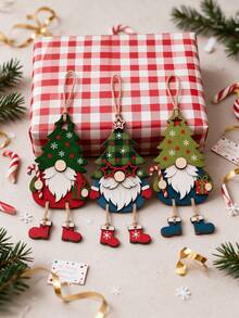 3pcs Wooden Christmas Elf Hanging Ornaments, Tree Hat Gnome Pendant With Swinging Legs, Boots And Candy Cane Gift Design, Rustic Wooden Christmas Tree Door Wall Decor, Winter Holiday Home Party Supplies - Multicolor - View 1
