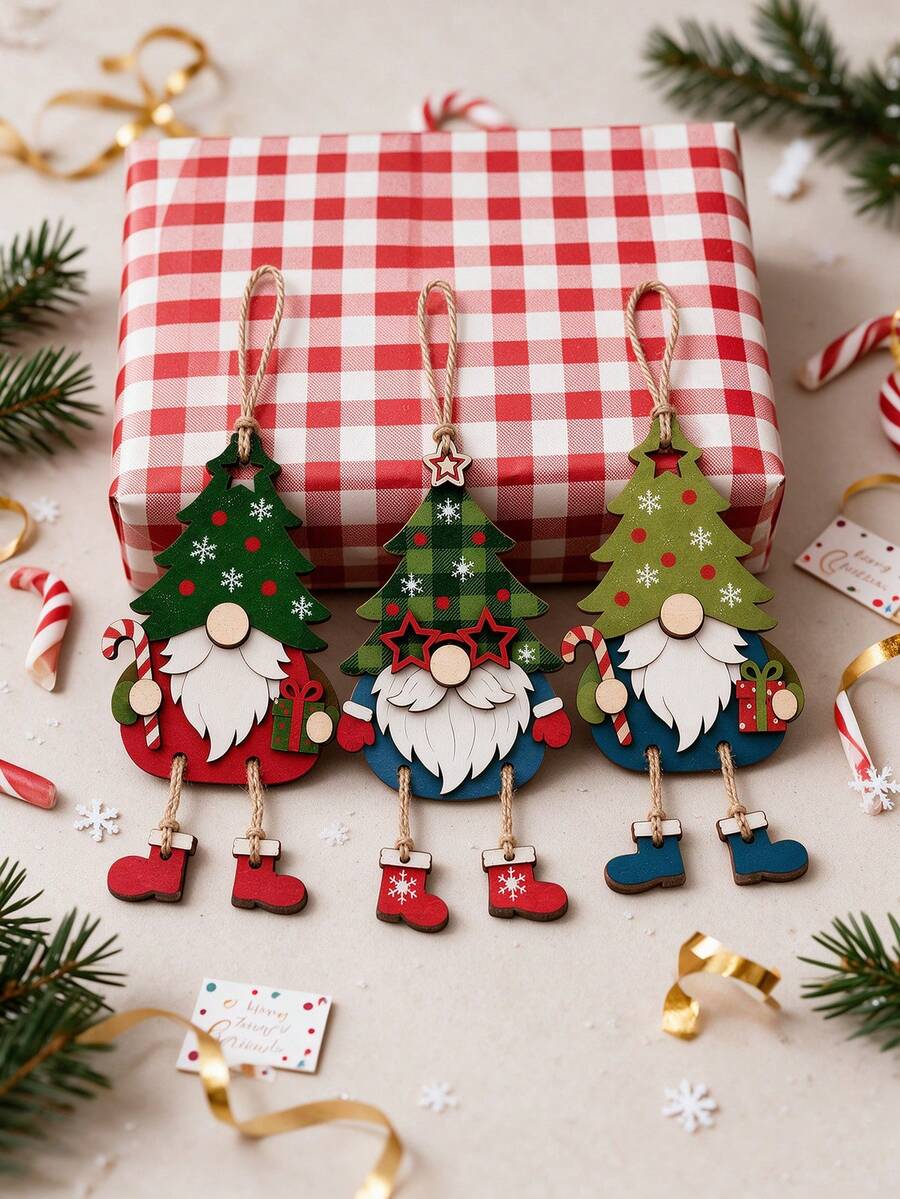 3pcs Wooden Christmas Elf Hanging Ornaments, Tree Hat Gnome Pendant With Swinging Legs, Boots And Candy Cane Gift Design, Rustic Wooden Christmas Tree Door Wall Decor, Winter Holiday Home Party Supplies - Multicolor - View 1