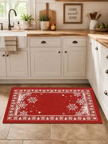 1pc Christmas Red Snowflake Pine Tree Border Kitchen Mat, Vintage Holiday Geometric Pattern Absorbent Non-Slip Foot Mat, Durable Easy Clean Rectangular Rug, Suitable For Kitchen Sink, Entryway, Hallway, Laundry Room, Bathroom And Christmas Home Decor - Multicolor - View 6