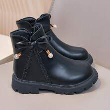 Bốt cổ ngắn cho bé gái mùa thu/đông mới, đính ngọc trai và nơ, đế mềm, bốt da trẻ em - màu đen - Xem 5