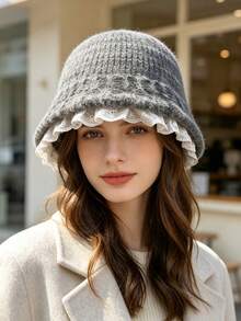 Women's Lace Trim Knitted Bucket Hat, Vintage Ruffle Edge Basin Hat, Soft Warm Woolen Cap For Autumn/Winter, Daily Outing Atmosphere Hat, 3 Colors Available - Multicolor - View 13