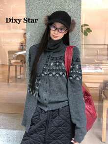 Women's Jacquard Knit Cardigan Sweater, Autumn/Winter New Scarf Style Commuter Top (Random Pattern) - Grey - View 6