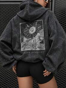 Women's Black Washed Sunflower Print Street Style Sweatshirt, Suitable For Daily Wear - Black - View 6
