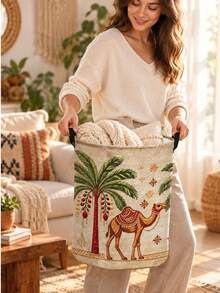 Round Laundry Basket, Craft And Sewing Supplies Storage, Camel And Palm Tree Pattern - Decorative Bohemian Style Dirty Clothes Hamper Suitable For Bathroom Storage, Bedside Organizer With Sturdy Handle Storage Basket For Room Decor 2D Flat Laundry Basket - Multicolor - View 6