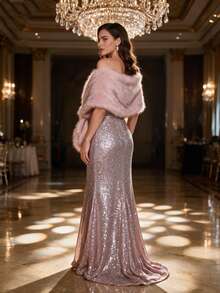 1PC Faux Fur Bridal Shawl Collar Autumn Winter Cape Banquet Wedding Dress Scarf - Two-tone Pink - View 5
