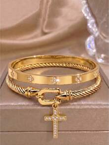 2pcsGold‑Tone Bangle Set, Clover Accents & Paved Zirconia Cross Charm For Understated Elegance - Gold - View 3