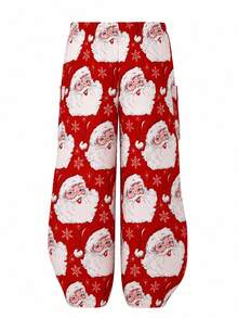 Celana Panjang Wanita Ukuran Besar Motif Natal Acak Pinggang Elastis Kaki Lebar Longgar dengan Kantong - Merah - View 4