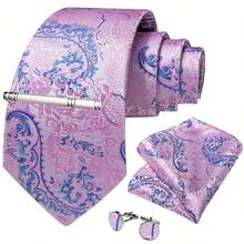 Pink & White Base Blue Paisley Men's Tie 4-Piece Set, Pocket Square, Cufflinks, Silver Tie Clip Combination, Business Formal Accessories - Pink - View 2