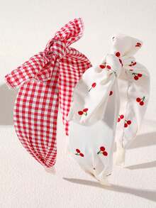2pcs/Set Girls Vintage Red Flower Fabric Headband Sweet Plaid Rabbit Ear Bow Hair Hoop Suitable For Daily Decoration - Multicolor - View 3