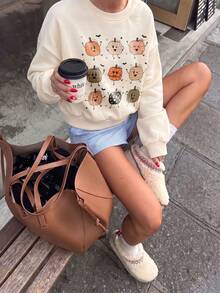 Halloween Cute Cartoon Pumpkin Print Cropped Sweatshirt, Crew Neck Long Sleeve Pullover With Ribbed Hem, Sweet Fall Outfit For Back To School & Party - Apricot - View 2