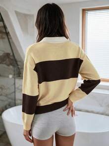 NOVELLE Women Loose Lagenlook Polo Neck Beige Brown Striped Fall Winter Knit Sweater For Date Party Daily Commute Outing Back To School - Multicolor - View 5