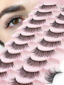 10 Pairs Invisible Band Natural Cross Short False Eyelashes Soft Fine Cat Eye Striped Cross Reusable Suitable For Women Daily Wear - Natural Short Lashes - View 2