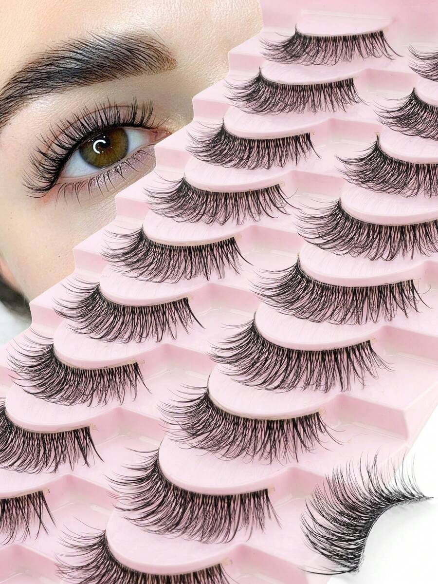 10 Pairs Invisible Band Natural Cross Short False Eyelashes Soft Fine Cat Eye Striped Cross Reusable Suitable For Women Daily Wear