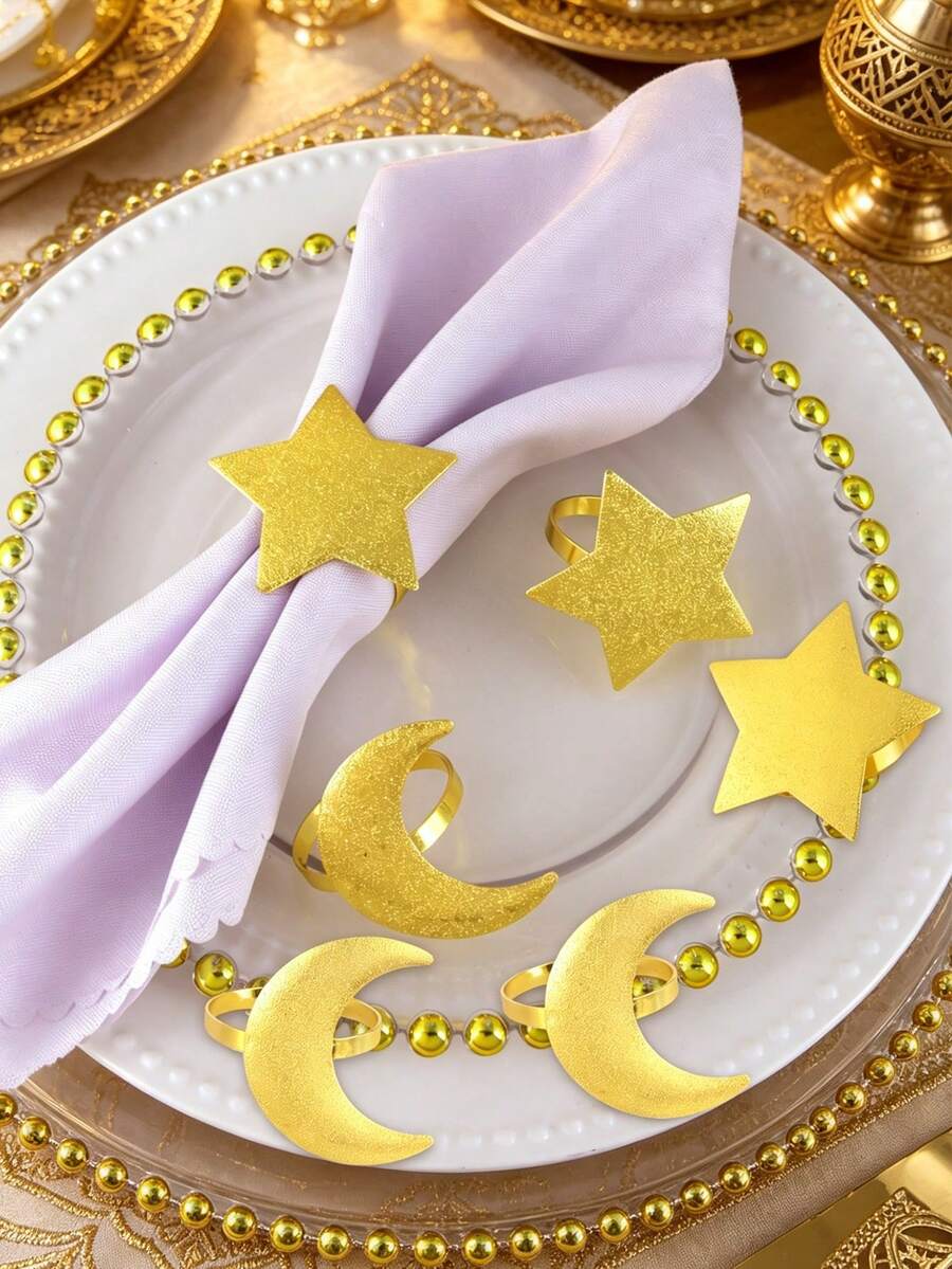 2/4/6pcs Matte Star & Moon Napkin Rings, Al-Fitr Al-Adha Table Decor Napkin Holders, Star & Moon Napkin Rings - Gold - View 1