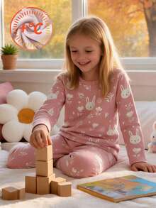 Young Girl 2pcs/Set Girls Pajama Set Long Sleeve Top And Pants Thermal Lined Thick Style Spring Autumn Winter Base Layer Versatile Clothing 4-12 Years Old - Multicolor - View 11