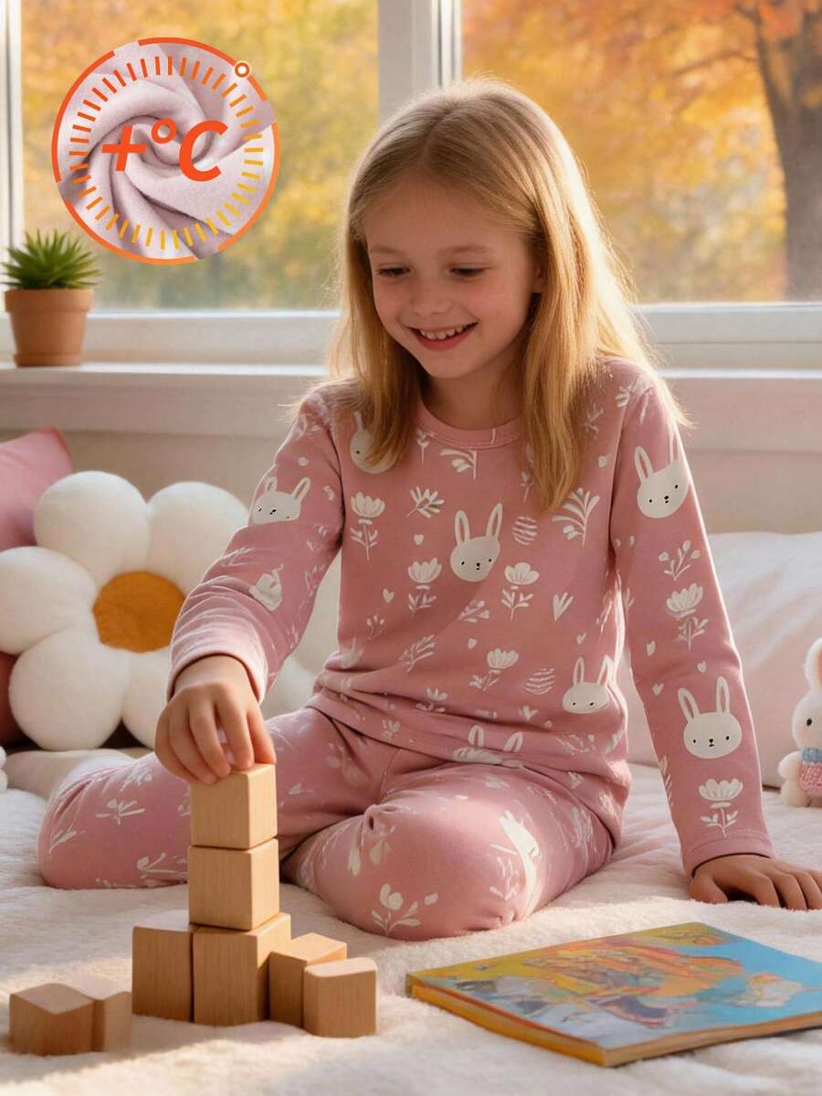 Young Girl 2pcs/Set Girls Pajama Set Long Sleeve Top And Pants Thermal Lined Thick Style Spring Autumn Winter Base Layer Versatile Clothing 4-12 Years Old - Multicolor - View 1