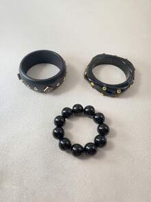 imoli 3pcs/Set Vintage Punk Style Stackable Resin Wide Cuff Inlaid Rivet CCB Square Bead Women's Bracelet Set, Bracelet, Wrist Jewelry, Suitable For Daily Party Matching Accessories - 33740-bra-black - View 8