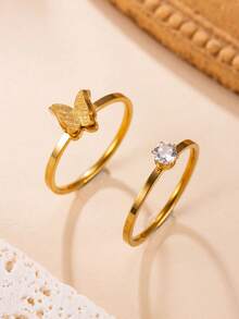 2pcs Stainless Steel Fashion Delicate Matte Butterfly Single Rhinestone Thin Band Rings For Women, Gold Color Minimalist Niche Stackable Finger Rings, Versatile Daily Commute Jewelry - Gold - View 1