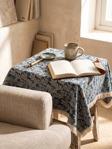1pc Gray Blue Base White Branch & Leaf Pattern Tablecloth, Natural Rustic Style Linen Blend Material, Rectangular Beige Tassel Edge Detail, Stain-Resistant Desktop Protection Function, Suitable For Daily Home Use And Natural Dining Table Decor Scenes - Blue - View 6