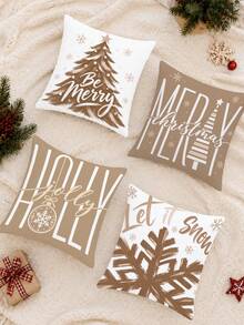 Christmas Minimalist Light Brown Christmas Tree & Snowflake Pattern Cushion Cover 4pcs Set, Single-Sided Printed Peach Skin Velvet Polyester Material, 45*45CM Pillowcase For Modern Fabric Sofa Indoor Decor, Party Decoration, Gift Giving - Multicolor - View 7