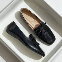 Women's Flat Slip-On Loafers With Bow & Tassel, Black Square Toe, Soft Sole, British Style, Versatile Fashionable Autumn New Slouchy Shoes Comfortable For All Day Wear - Black - View 1