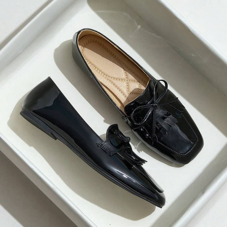Women's Flat Slip-On Loafers With Bow & Tassel, Black Square Toe, Soft Sole, British Style, Versatile Fashionable Autumn New Slouchy Shoes Comfortable For All Day Wear - Black - View 1