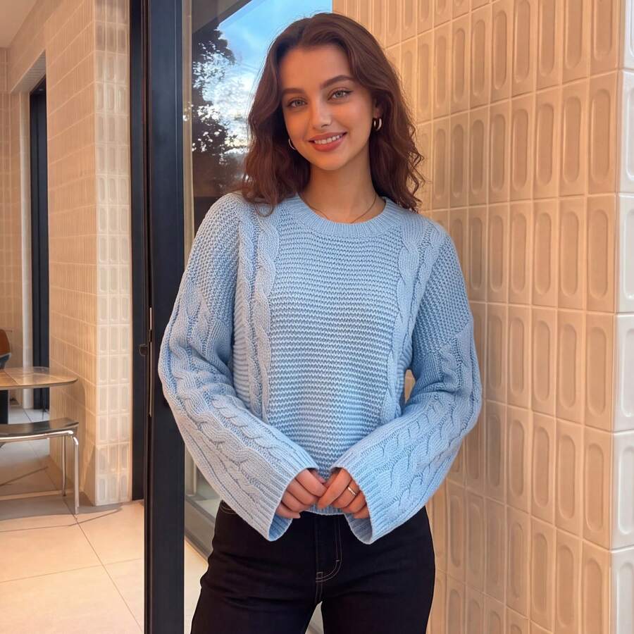 Women's Light Blue Cable Knit Short Pullover Sweater, Long Sleeve Regular Hem Winter Top - Blue - View 1