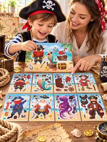 Build A Pirate Educational Puzzle Stickers Sheets, Parent-Child Interactive DIY Make A Face Parrot Ship Octopus Craft Decals For Happy Birthday Decorations, Halloween Theme Party Celebration Games Supplies - Multicolor - View 2
