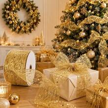 1/2 Rolls Of Golden Glitter Mesh Ribbon With Wire Edge, 1.97inch Wide, 78.74 Inch Per Roll (Total Length 157.48 Inch). Features Shimmering Transparent Mesh With Large Sequins And Flexible Wire Edging. Suitable For Making Bows, Christmas Tree - View 10