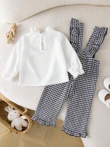 Autumn/Winter Baby Girl Cute Stylish White Top With Ruffle Collar & Houndstooth Ruffle Suspender Big Bow Flare Long Pants Set - Black and White - View 3