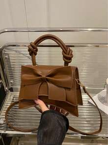 Solid Color Pleated Edge Handbag, Flap Crossbody Bag For Women, Retro Floral Print Tote,Business Professional Women - Coffee - View 9