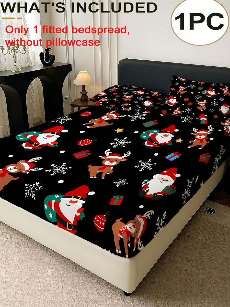 1PC Christmas Theme Printed Fitted Sheet (Fitted Sheet Only, No Pillowcase), Santa Claus And Reindeer Pattern Soft Bedding, Suitable For Bedroom, Guest Room, School Dormitory, Easy To Remove And Machine Washable All Season Mattress Protector, Perfect Christmas Gift For Parents And Friends - Multicolor - View 1