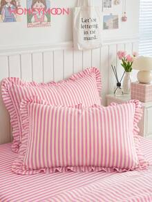 HONEYMOON 1pair Stripes Printed Pillowcases With Chic Ruffles-100% Polyester Fabric Stripes Printed Pillow Cover, Soft And Breathable, Wrinkle Resistant, No Filler-T F Q K Size For Home And Dorm, Machine Washable - Multicolor - View 1