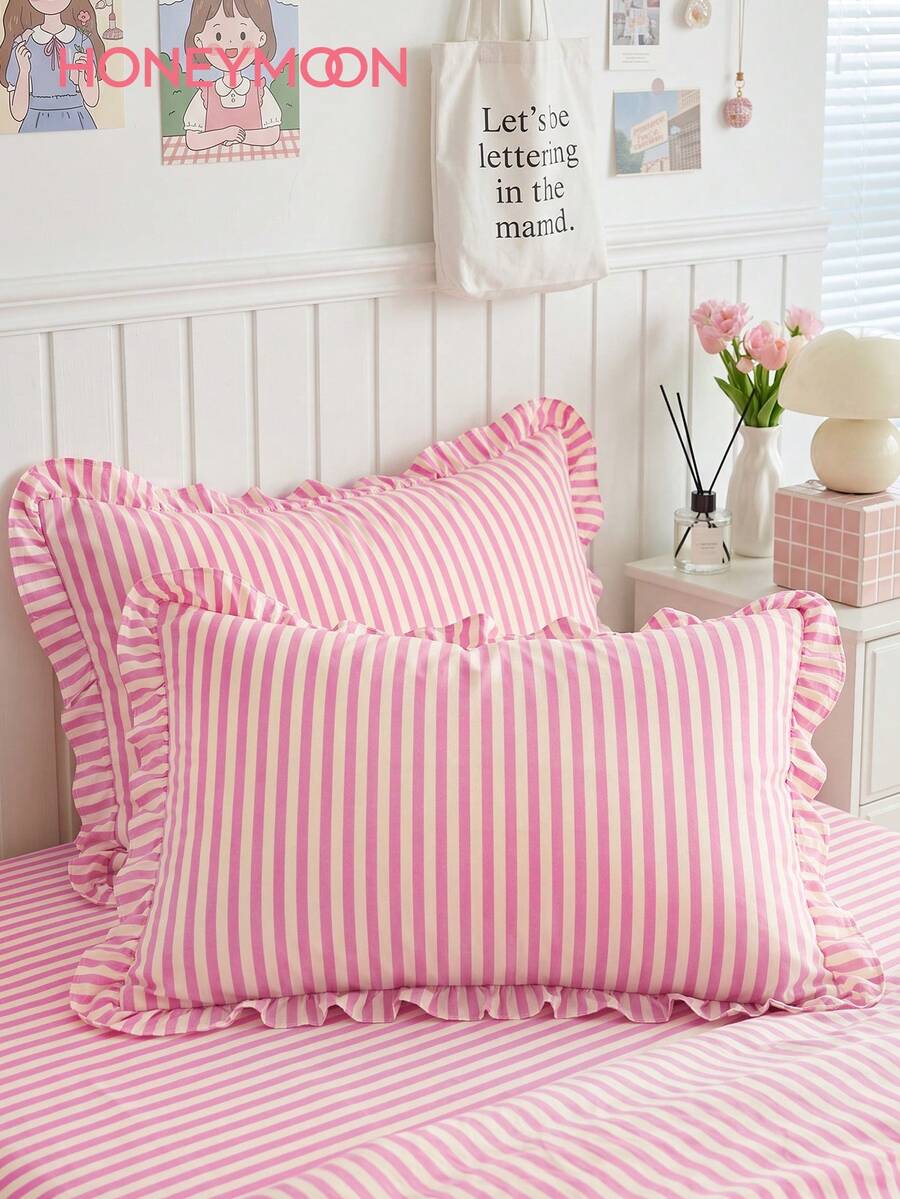 HONEYMOON 1pair Stripes Printed Pillowcases With Chic Ruffles-100% Polyester Fabric Stripes Printed Pillow Cover, Soft And Breathable, Wrinkle Resistant, No Filler-T F Q K Size For Home And Dorm, Machine Washable - Multicolor - View 1