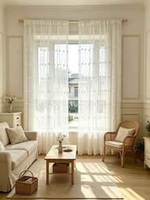 1pc Rod-Pocket Pastoral Style Embroidered Sheer Curtain With Delicate Ditsy Floral Pattern, Milk Silk Fabric, For Living Room, Kitchen, Bathroom - White - View 1