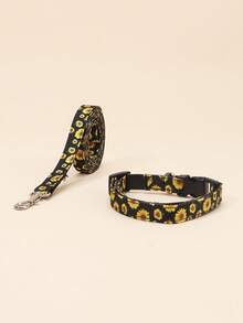 Sunflower Print Dog Collar & Leash Set, Handmade, Adjustable Neck Strap, Easy To Put On And Take Off, Essential 2 Pieces Pet Accessories For Small To Medium Dogs And Cats, Happy Little Dog - Black - View 9