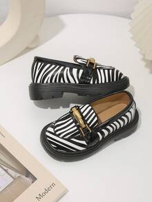 1 Pair Kids Leopard & Zebra Print Loafers, Vintage Chic Style, Suitable For Boys & Girls Daily Wear - Black and White - View 4