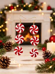 Christmas Candy Cane Long Dangle Earrings, Holiday Celebration Earrings - Lollipop - View 3