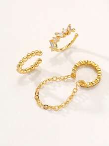 3pcs Shiny Cubic Zirconia Chain Clip Earrings Set, Multi-Layer Stacking Earrings Suitable For Women Daily, Date, Party Wear - Gold - View 2