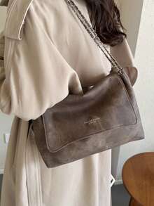 Tas Tangan Wanita Bergaya Vintage, Tas Bahu Rantai Serbaguna Musim Gugur/Dingin, Tas Tote Selempang Kapasitas Besar, Cocok untuk Perjalanan Kerja/Pergi ke Kantor, - Kopi - View 5