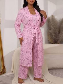 Plus Size Women's 3 Pieces Pajama Set Camisole + Robe + Long Pants, Casual Comfortable Loungewear For Autumn/Winter - Pink - View 4