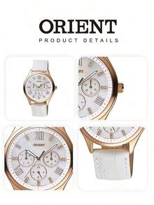 Orient Women's Watch SSW05002W0 Luxury Rose Gold Case, Natural Mother Of Pearl Dial Diamond Accents, White Genuine Leather Strap Elegant Quartz Wristwatch - White - View 5