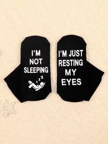 1 Pair Men's Socks, "I'm Not Sleeping, I'm Just Resting My Eyes", Floor Socks, Anti-Slip Socks, Novelty Socks - Black - View 4