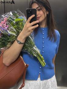 Women's Blue Casual Urban Wear, Elegant Spring/Summer Collection, Round Neck Short Sleeve Ribbed Street Vacation Romantic Date Party Fashion Comfortable Versatile Minimalist Commute, Pearl Button Knit Top, Cardigan - Blue - View 3