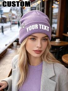 1pc Printed Knit Hat, Customized Text Logo Solid Color Elastic Winter Knit Hat, Outdoor Autumn/Winter Warm Essential Accessory, Women/Men Gift - Multicolor - View 2
