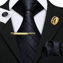 5Pcs Men Black Plaid Tie Pocket Square Cufflinks Tie Clip Ring Set, Cufflinks Pattern Random For Wedding - Black - View 2