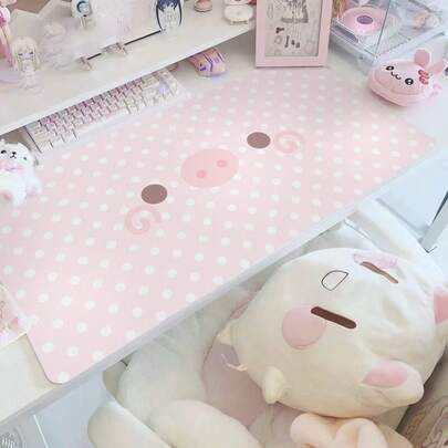 Polka Dots Pink Cute Runny Nose Pig Kawaii Girl Korea Ins Y2K PU Leather Desk Pad Protector Mouse Pad Office Desk Mat Waterproof Non-Slip Desk Blotter Pad Gaming Esports User