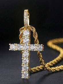1pc Men's Stainless Steel Cross Pendant Necklace With Twist Chain, Hip Hop Rap Rock Style, Rhinestone Fashion Jewelry - Multicolor - View 7