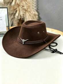 Unisex Western Cowboy Hat, Bull Head Decor Wide Brim Felt Hat, Halloween Cosplay Party Holiday Street Style Punk Costume Accessory - Three-rope Silver Cow Hat - View 11