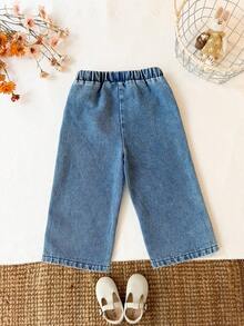 1pc Baby Girl Sweet Floral Embroidery Blue Wide Leg Pants, Casual Autumn Style - Light Wash - View 3